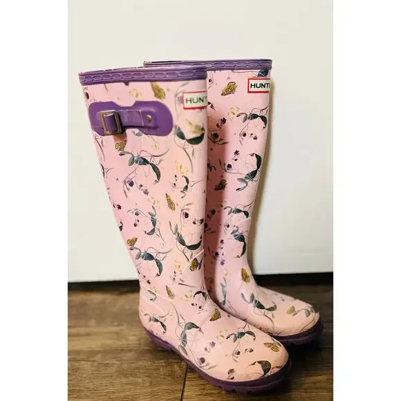 Hunter Wellington Floral Butterfly Rain Boots Purple Sz 7F Cottagecore Whimsical - Picture 3 of 8